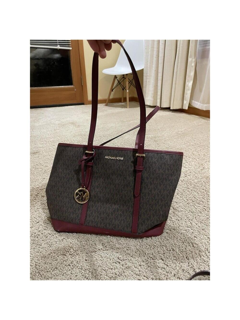Michael Kors Large Tote Zipped Shoulder Bag Brown Leather Red Accents MK Logo